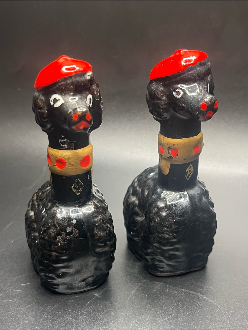Vintage Japan Black Poodle Salt & Pepper Shakers Red Berets Mid Century